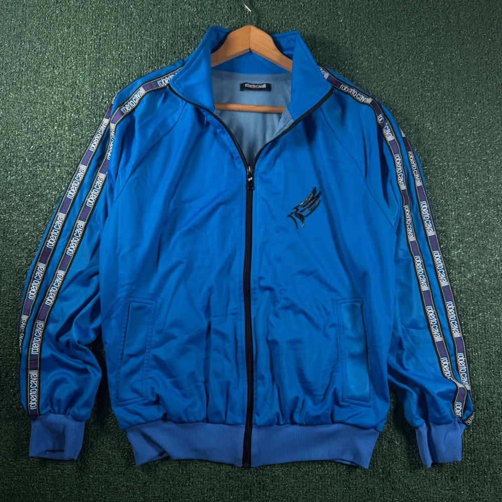Roberto Cavalli Sport Track Jacket Mens L Blue Good Logo Tape Made in Italy